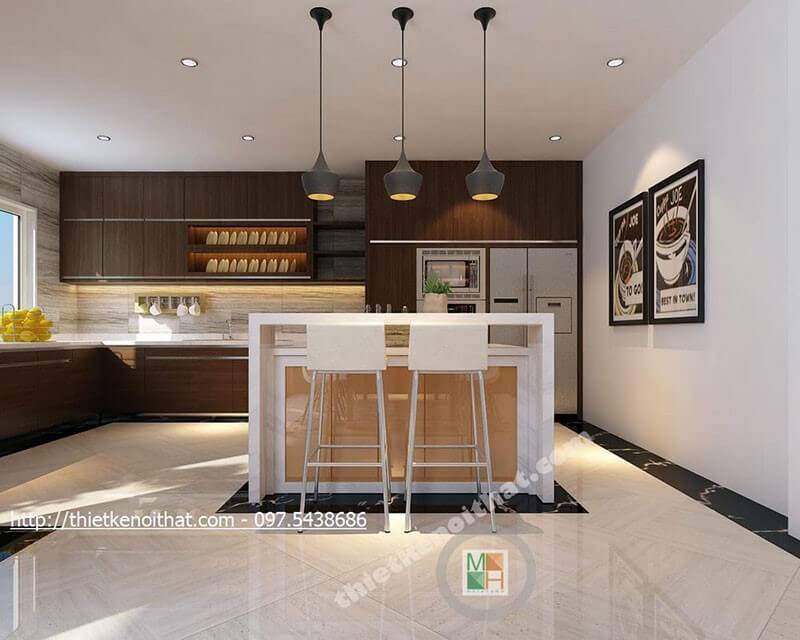 Mẫu tủ bếp gỗ công nghiệp màu nâu với thiết kế dài chữ L cho phòng bếp mang đến sự tiện nghi cho người nội trợ Tủ bếp chữ L