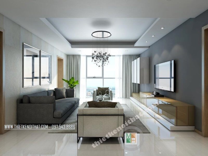 . Thiết kế phòng khách của căn hộ chung cư Thăng Long Number One hướng sáng, có khung cửa rộng để đón nhận ánh sáng tự nhiên, tạo nên sự sống động và trẻ trung cho căn phòng.
